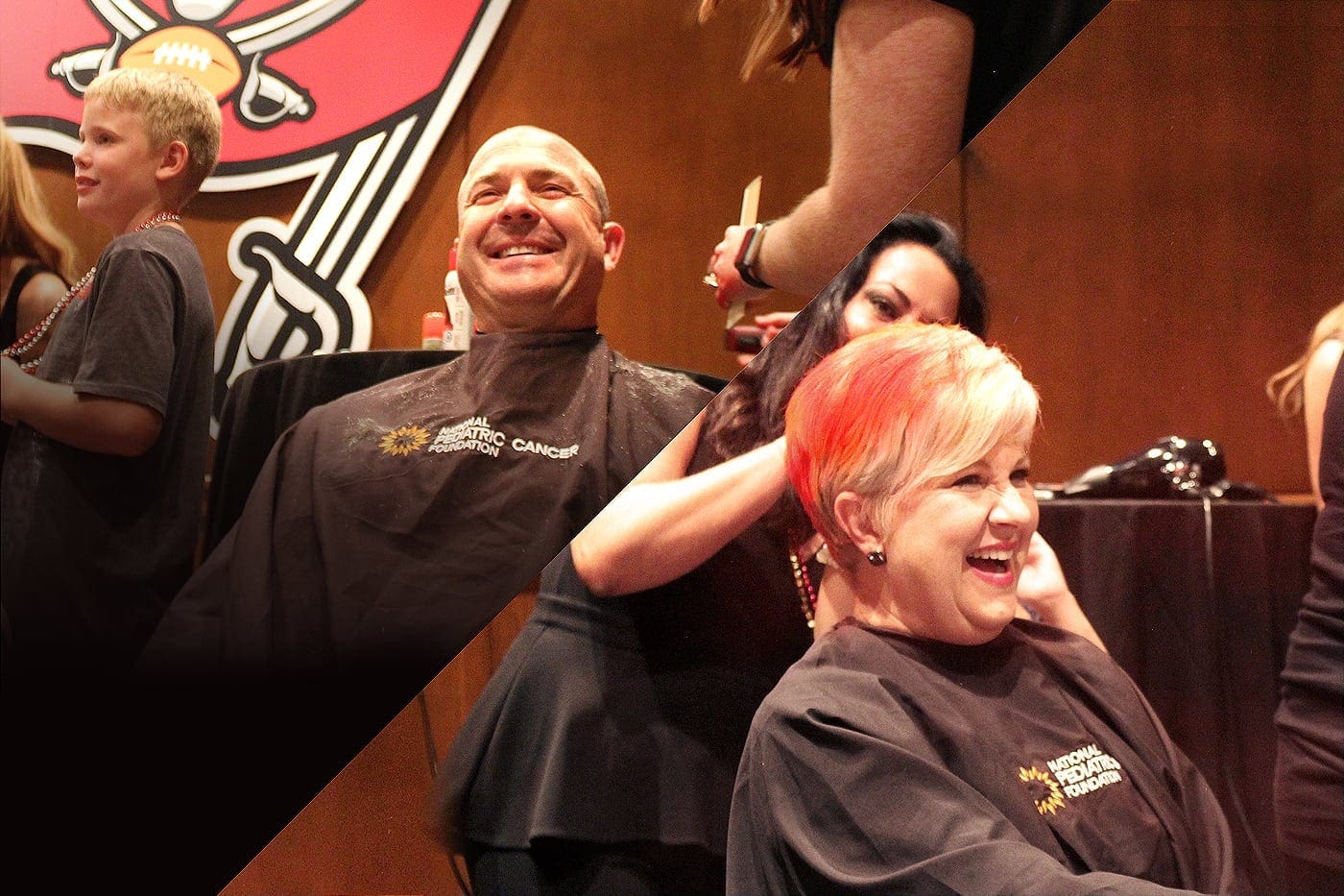 Picture cut in half showing one side a Male Tampa Bay Buccaneers Staff shaving his head and second half a Female Tampa Bay Buccaneers Staff coloring her hair